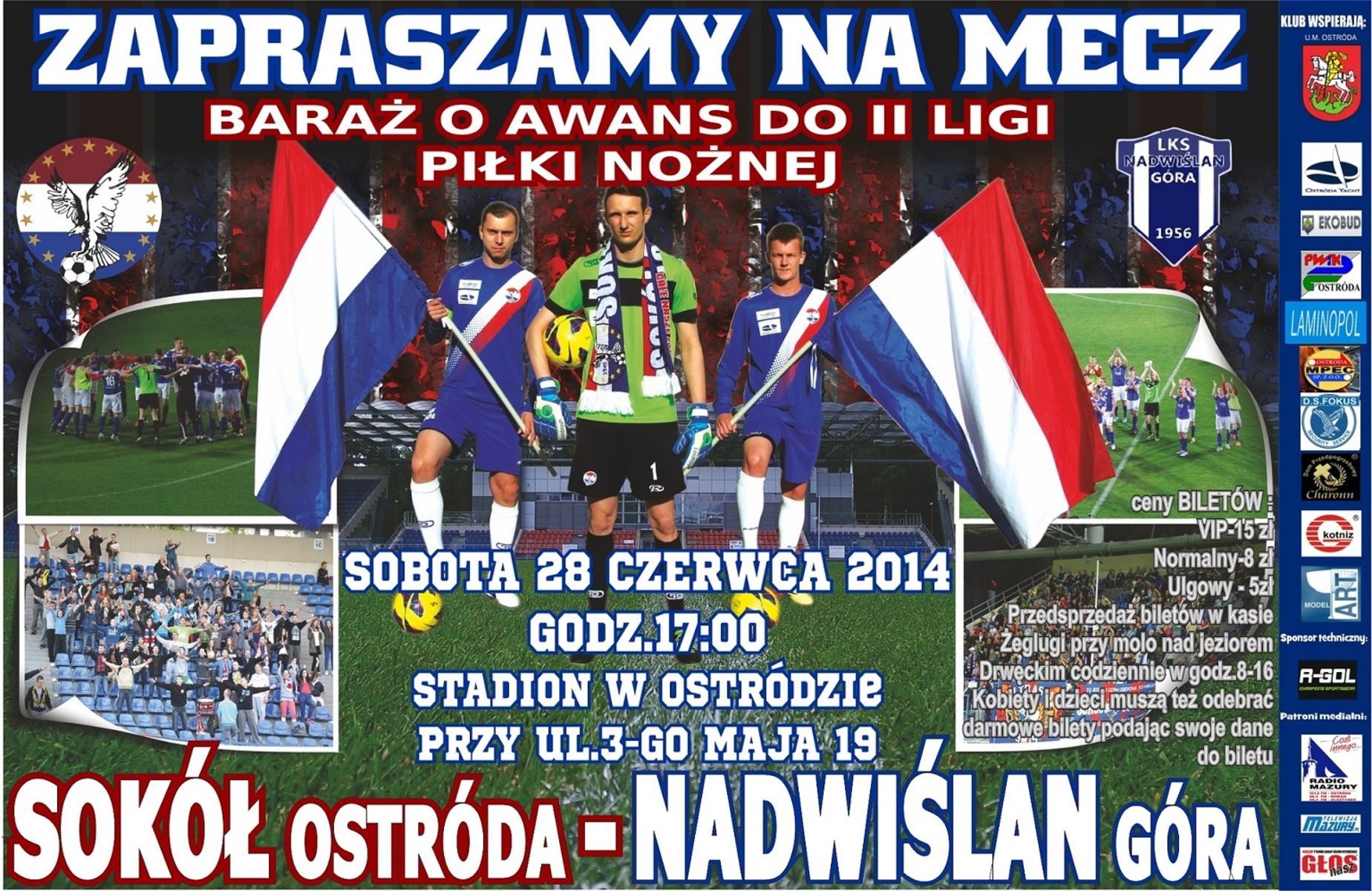 Plakat promujący mecz Sokół Ostróda - Nadwiślan Góra. 
