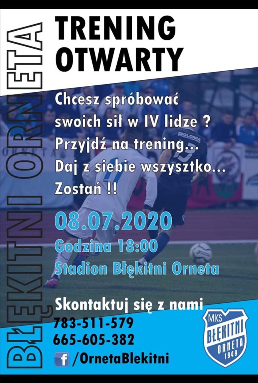 Plakat promujący otwarty trening Błękitnych Orneta. Fot. Materiał prasowy klubu